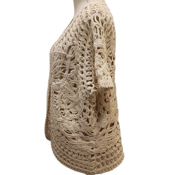 Crochet Knit Heavy Short Sleeve Cardigan Women's One Size Cream Art To Wear 100% - Picture 3 of 10
